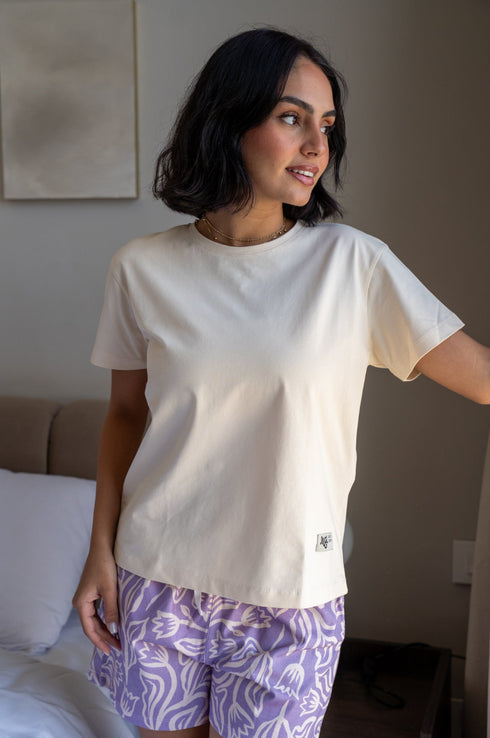 Women Summer Pajama set Creamy T-shirt + Mauve Flowers Short